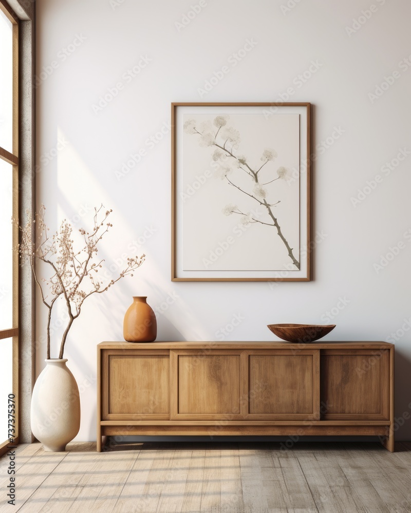 This photo showcases a room with a vase placed on a table and a painting hanging on the wall.