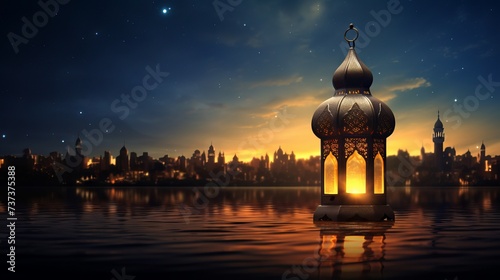 Serene ramadan kareem greeting with glowing lanterns against mosque backdrop  