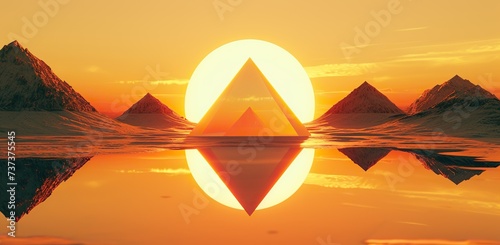 Sunset with geometric triangle and reflection in water. The concept of harmony in nature.