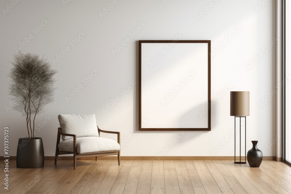 A simple yet elegant room featuring an empty chair positioned next to a picture frame hanging on the wall. A simple yet elegant room featuring an empty chair positioned next to a picture frame hanging on the wall.
