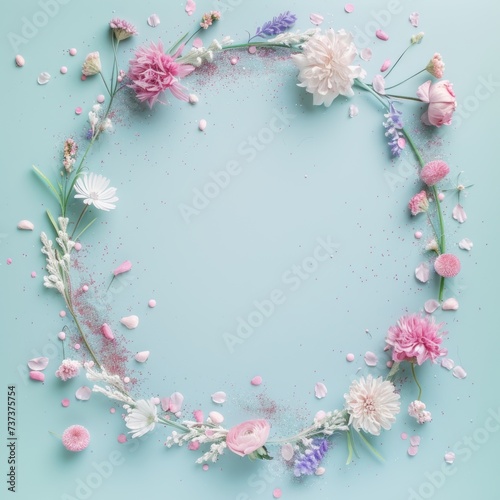 Round frame made of pastel spring flowers on a blue background. Versatile for spring, summer, Mother's Day, March 8th, weddings. Nature concept © Bozena Milosevic