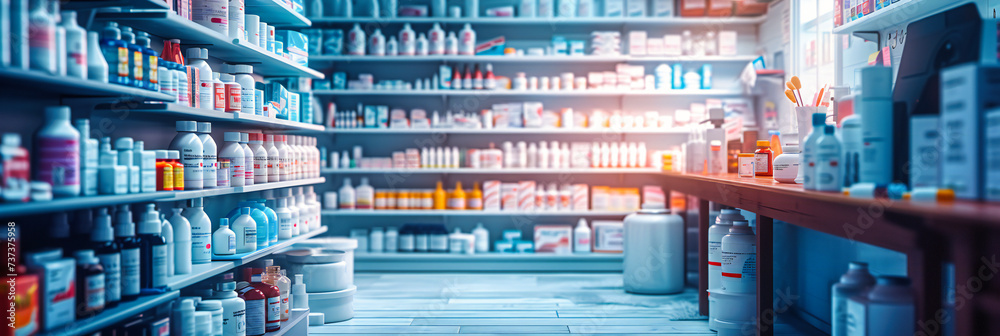 Modern Pharmacy Interior with Medication on Shelves, Concept of Healthcare and Medical Services