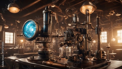 _A steampunk science chemical medical research lab with microscope. The lab is a secret society 