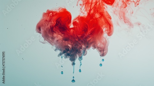 a red substance floating in a light blue background with a drop of the bottom of it.