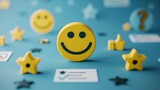 Smiley face surrounded by positive symbols, thumbs-up gestures, stars, and happy emoticons Feedback rating and customer satisfaction, positive experiences and reviews.