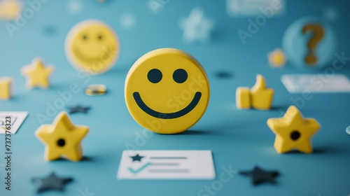 Smiley face surrounded by positive symbols, thumbs-up gestures, stars, and happy emoticons Feedback rating and customer satisfaction, positive experiences and reviews.