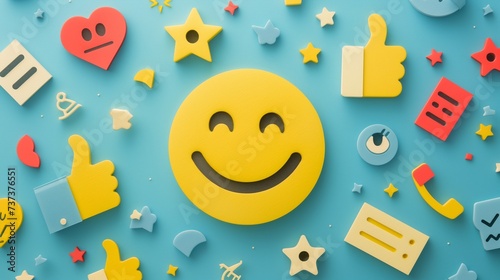 Smiley face surrounded by positive symbols, thumbs-up gestures, stars, and happy emoticons Feedback rating and customer satisfaction, positive experiences and reviews.