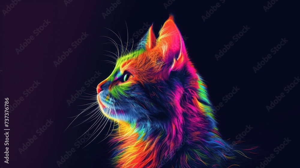 a close up of a cat' with multicolored lines on the side of the cat'.