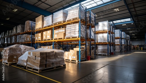 Neat logistics warehouse with shelves and pallets in industrial storage facility