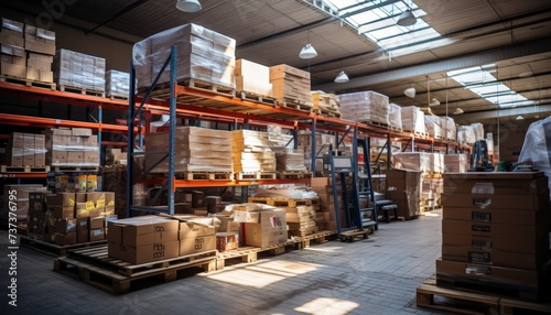Modern logistics warehouse interior with organized shelves and stacked pallets for storage solutions