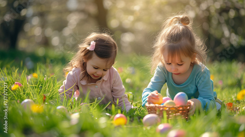 children playing in the grass looking for easter eggs