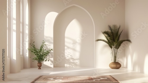 Elegant and tranquil interior scene with arched doorway, sunlight casting shadows, and indoor plants in stylized pots on a patterned rug © Matthew