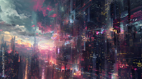 Glitchy cybernetic cityscape, where buildings morph and shift in a mesmerizing display of digital anomalies