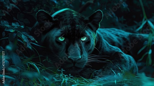 a close up of a black panther laying in a field of grass with a bright blue light on its face. photo