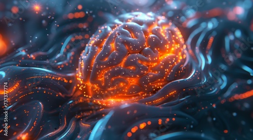 The brain with orange glowing lights, in the style of detailed background elements