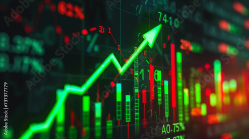 digital graphical representation of a stock market with fluctuating graphs, numerical data, and upward and downward trends, indicating financial analysis or stock trading activity. © MP Studio