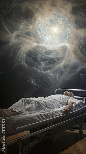 Illustration of a person lying lifeless on a hospital stretcher while their soul leaves their body in a vision of transcendence and mystery. Near death experience concept. photo