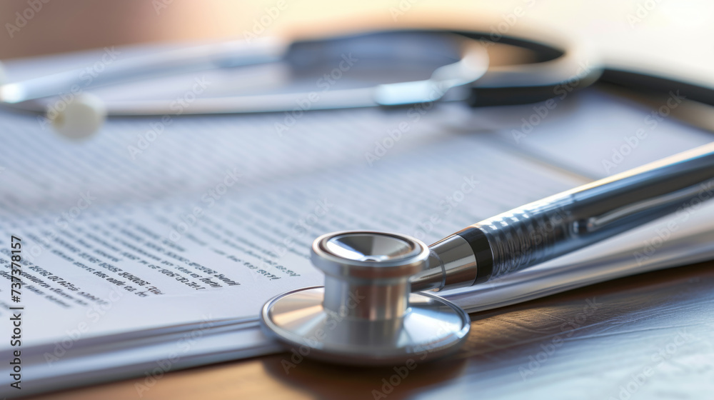A medical document with a stethoscope and pen on it, suggesting healthcare administration or patient care planning. A medical document with a stethoscope and pen on it, suggesting healthcare administration or patient care planning.