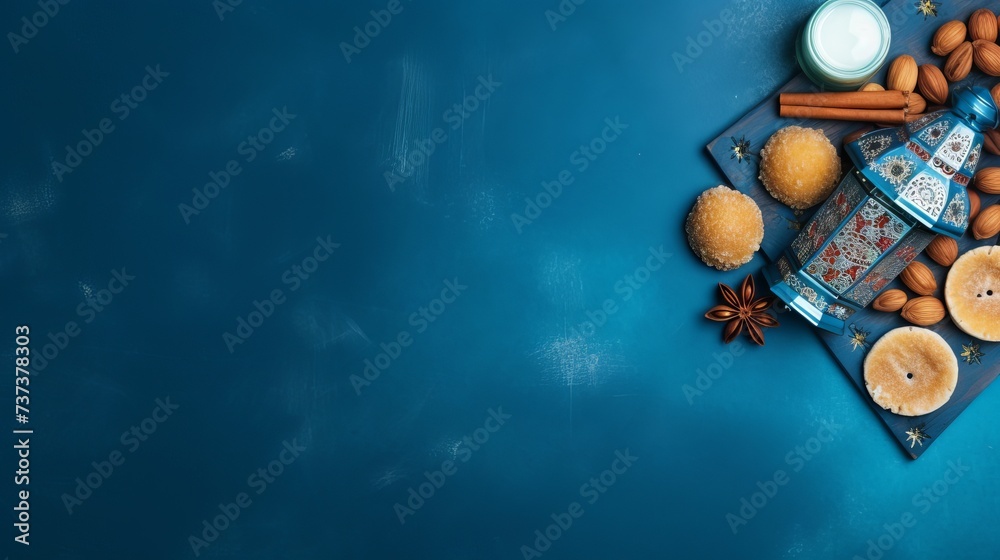 Vibrant flat lay composition: arabic lantern and delectable snacks on blue background, perfect for cultural and religious themes, with space for custom text

