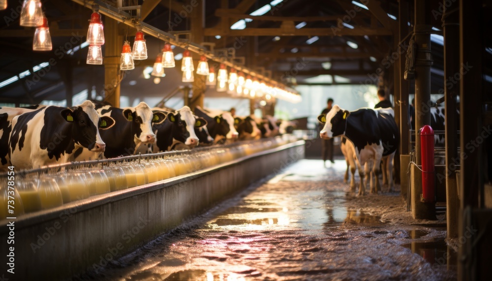 Sunlit farm with cows for dairy and meat production in modern agriculture industry banner. - obrazy, fototapety, plakaty 