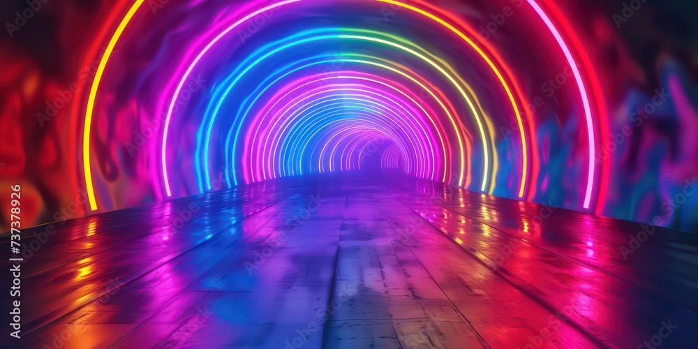 Vibrant neon tunnel pulsating with colorful lines, electrifying journey through a kaleidoscope of light and movement. Vibrant neon tunnel pulsating with colorful lines, electrifying journey through a kaleidoscope of light and movement.