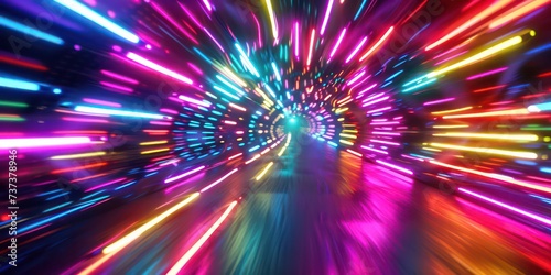 Vibrant neon tunnel pulsating with colorful lines, electrifying journey through a kaleidoscope of light and movement.