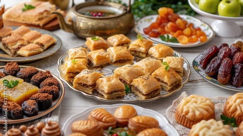 Assorted Traditional Eid al-Fitr dessert, Middle Eastern Sweets on Ornate Silver Platters