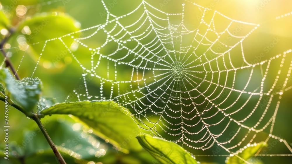 A delicate spider web glistens with dew drops in the soft morning light, showcasing nature's intricate craftsmanship.