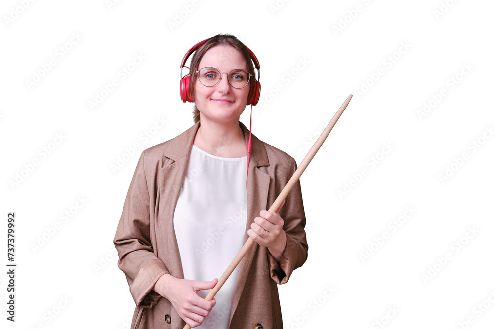 Φωτογραφία Happy woman teacher in red headphones on isolated on a white background, copy sp