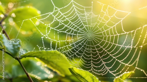A delicate spider web glistens with dew drops in the soft morning light, showcasing nature's intricate craftsmanship.