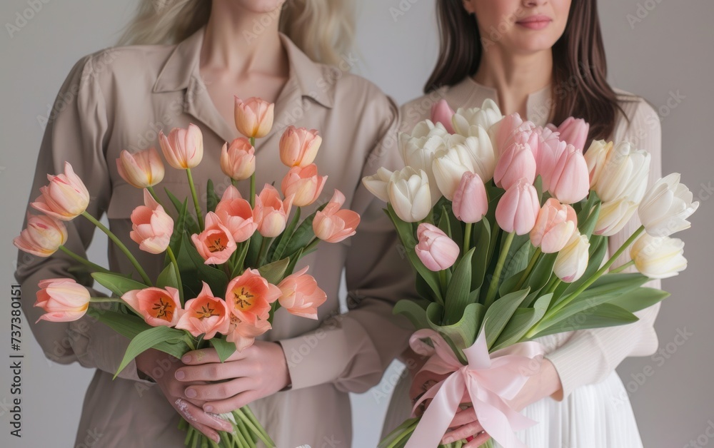 woman and her mother holding bouquets of tulips