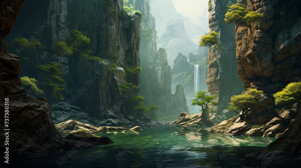 The canyon is filled with water and trees