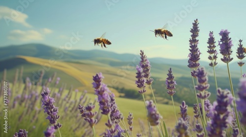 Bees buzzing around a cluster of fragrant lavender against a backdrop of azure skies and rolling hills
