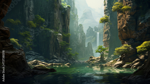 The canyon is filled with water and trees