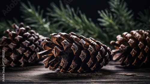 a group of pine cones sitting a wooden table next to a pine tree branch with cones it.