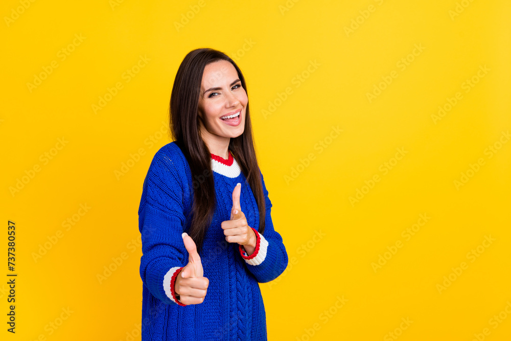 Photo portrait of young hispanic lady brunette model directing forefingers to you welcome party isolated on yellow color background Photo portrait of young hispanic lady brunette model directing forefingers to you welcome party isolated on yellow color background