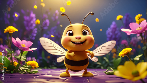 cute cartoon bee character, flowers creative