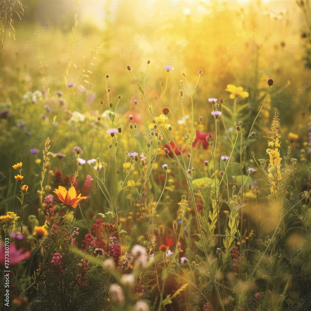 A meadow dotted with vibrant wildflowers, bathed in golden sunlight, invites serenity and joy