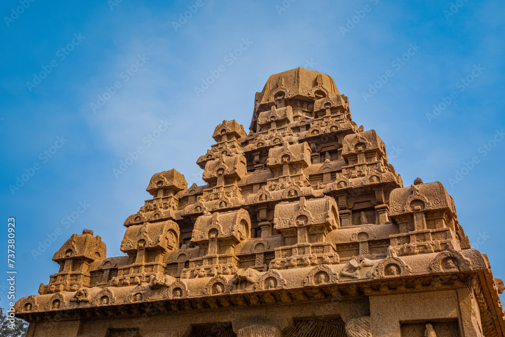 Exclusive Monolithic - Five Rathas or Panch Rathas are UNESCO World Heritage Site located at Great South Indian architecture. World Heritage in South India, Tamil Nadu, Mamallapuram or Mahabalipuram.	