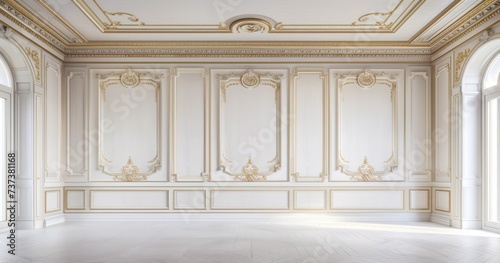 an empty room with white walls and gold ceilings