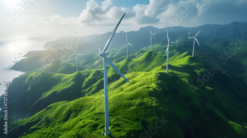 A landscape of a green hill with wind turbines on it, overlooking the ocean.