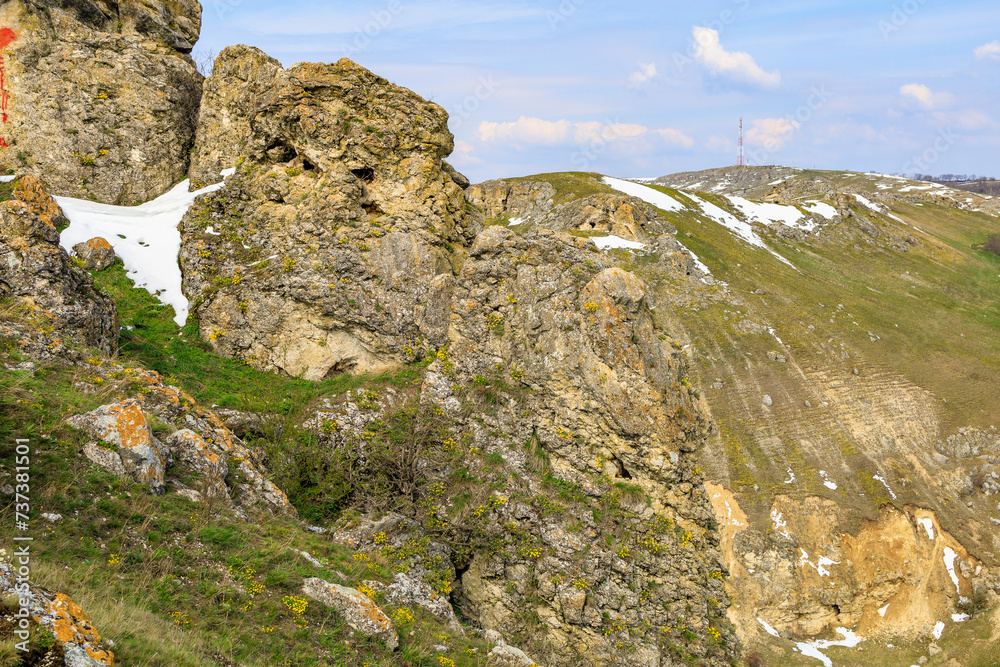 Fototapeta premium Beautiful landscape with hills and rocks. Background with selective focus and copy space