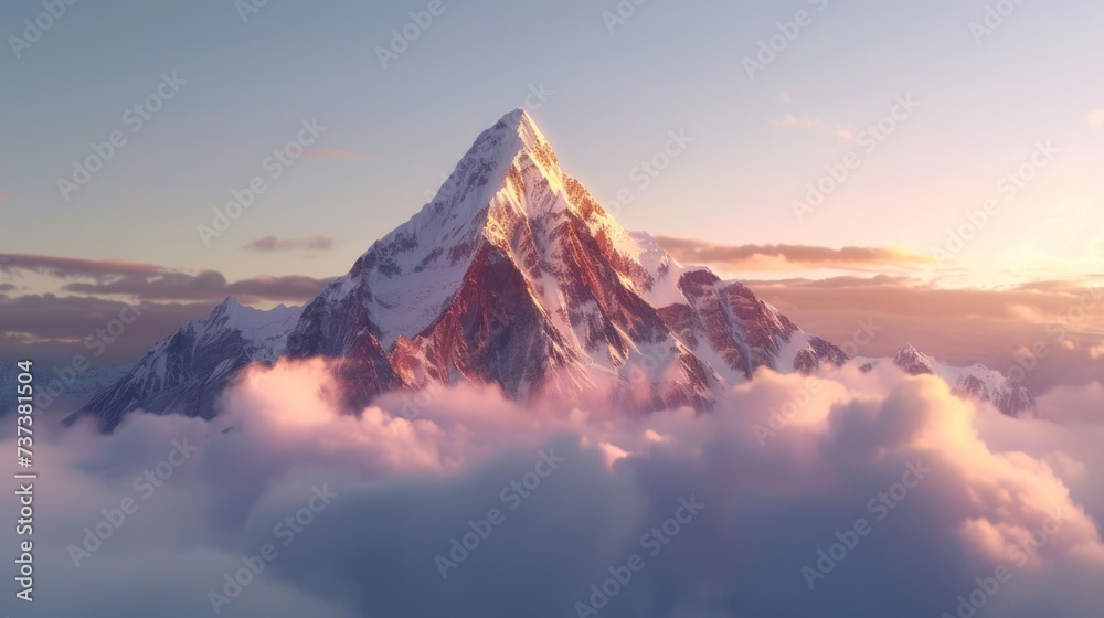 A snow-capped mountain peak glowing in the morning sunlight, surrounded by a blanket of misty clouds