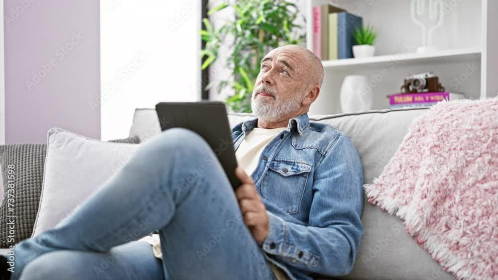 A bearded, bald man lounges on a couch at home, smiling while using a tablet, embodying mature, casual relaxation indoors. A bearded, bald man lounges on a couch at home, smiling while using a tablet, embodying mature, casual relaxation indoors.