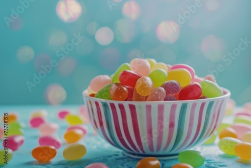 colorful candies and jellybeans on blue background