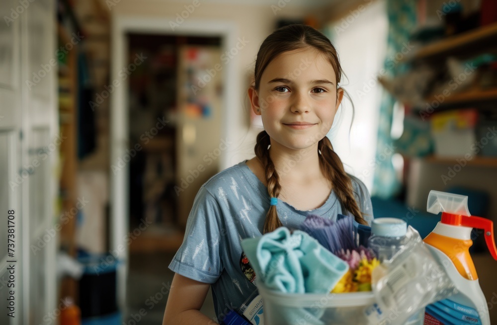 a young girl holding supplies for cleaning at her home a young girl holding supplies for cleaning at her home