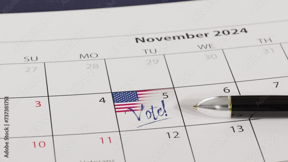 US presidential election will take place on November 5, 2024. Camera rotating around US flag and moving back to a calendar with a US flag and the text US presidential election will take place on November 5, 2024. Camera rotating around US flag and moving back to a calendar with a US flag and the text