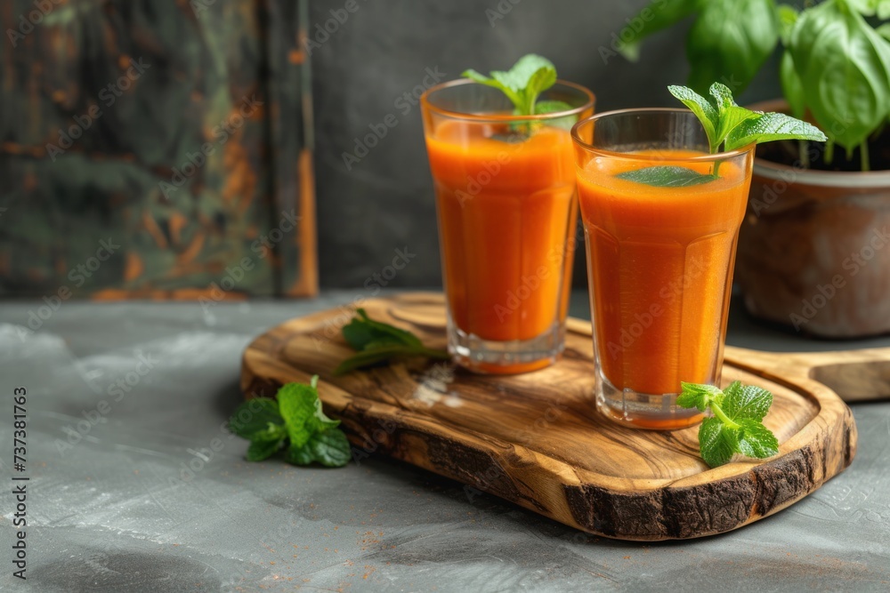 two glasses filled with carrot juice on a wooden board two glasses filled with carrot juice on a wooden board