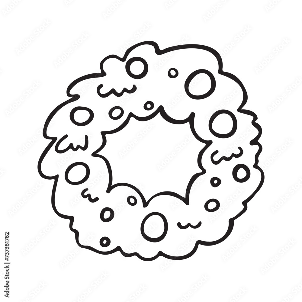 Vector doodle drawing of a New Year's wreath. New Year holiday. Traditional home decoration. Suitable for publishing on social networks, patterns, printing, web design. Graphic illustration of holiday Vector doodle drawing of a New Year's wreath. New Year holiday. Traditional home decoration. Suitable for publishing on social networks, patterns, printing, web design. Graphic illustration of holiday
