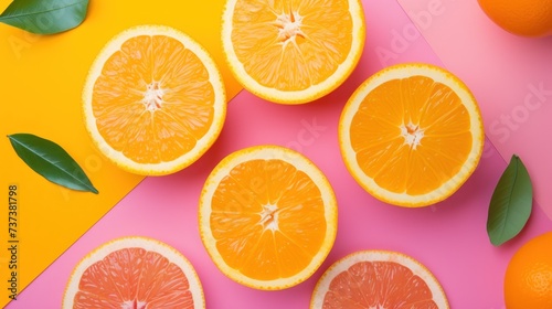 a group of oranges cut in half on top of a pink and yellow surface with leaves on top of them.